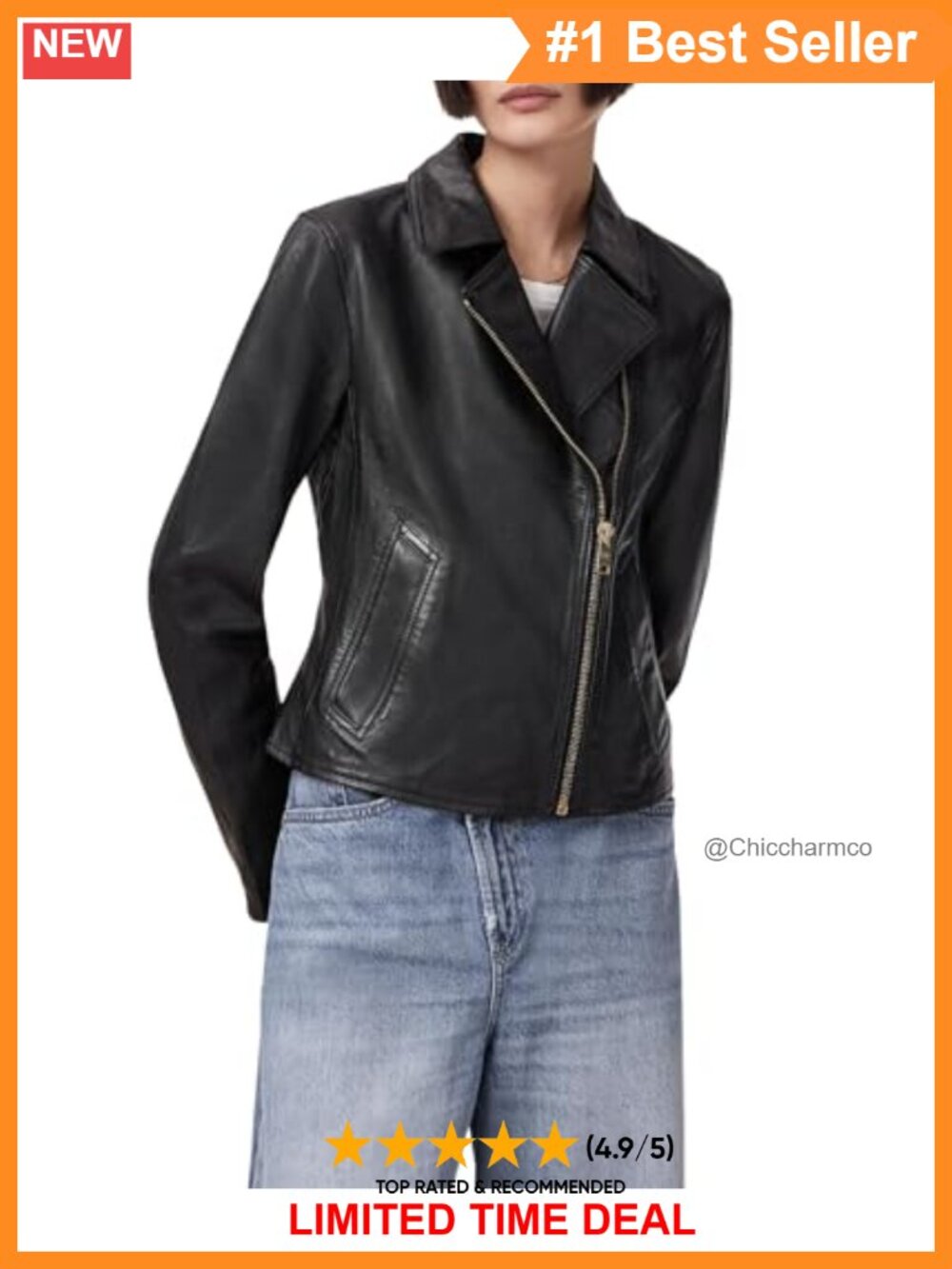 Leather Moto Biker Jacket Slim Fit Long Sleeve